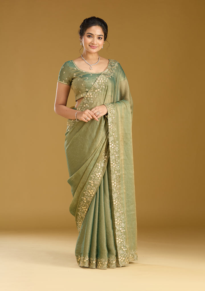 Mehandi Green Zariwork (Gold) Tissue Saree