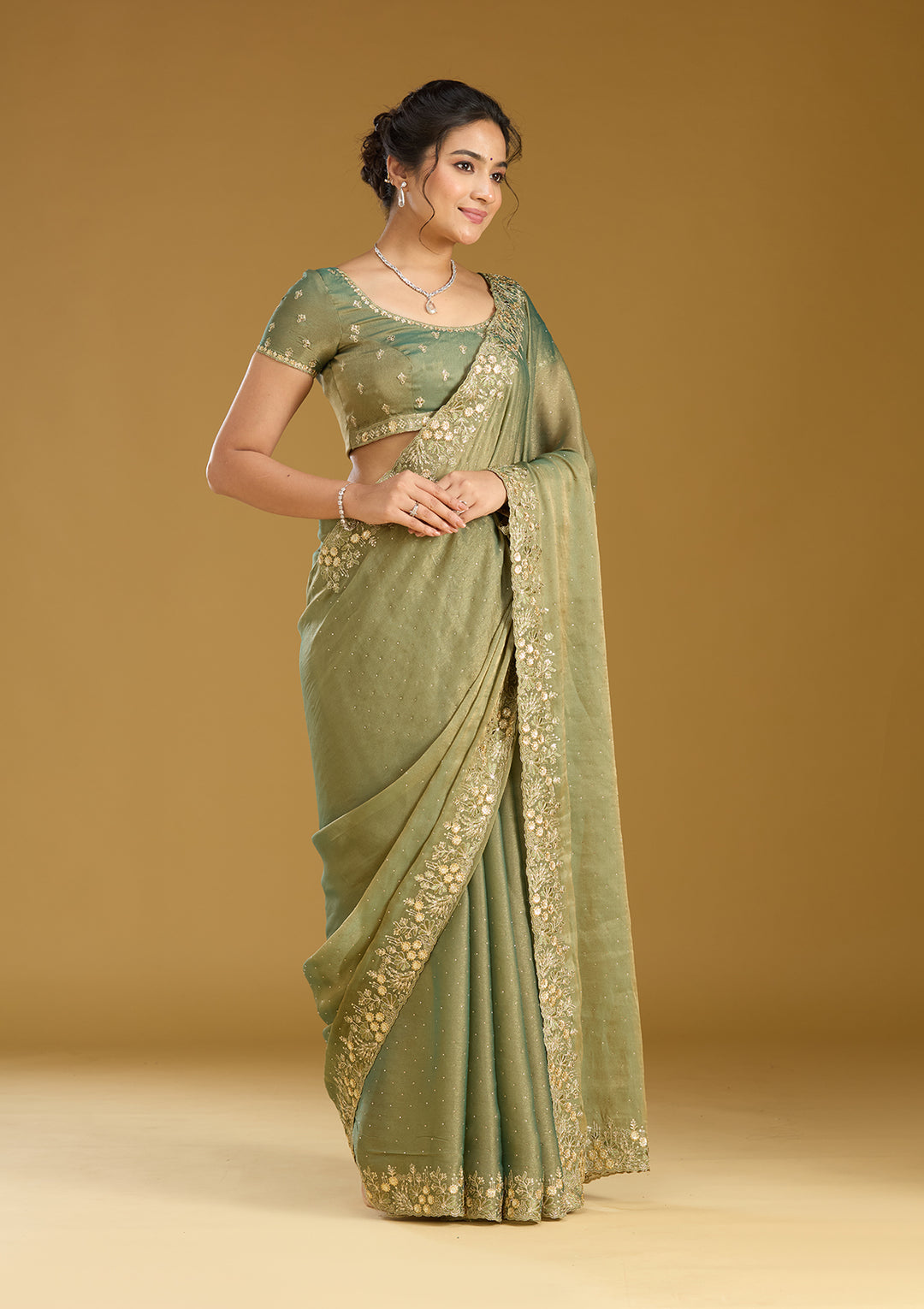 Mehandi Green Zariwork (Gold) Tissue Saree