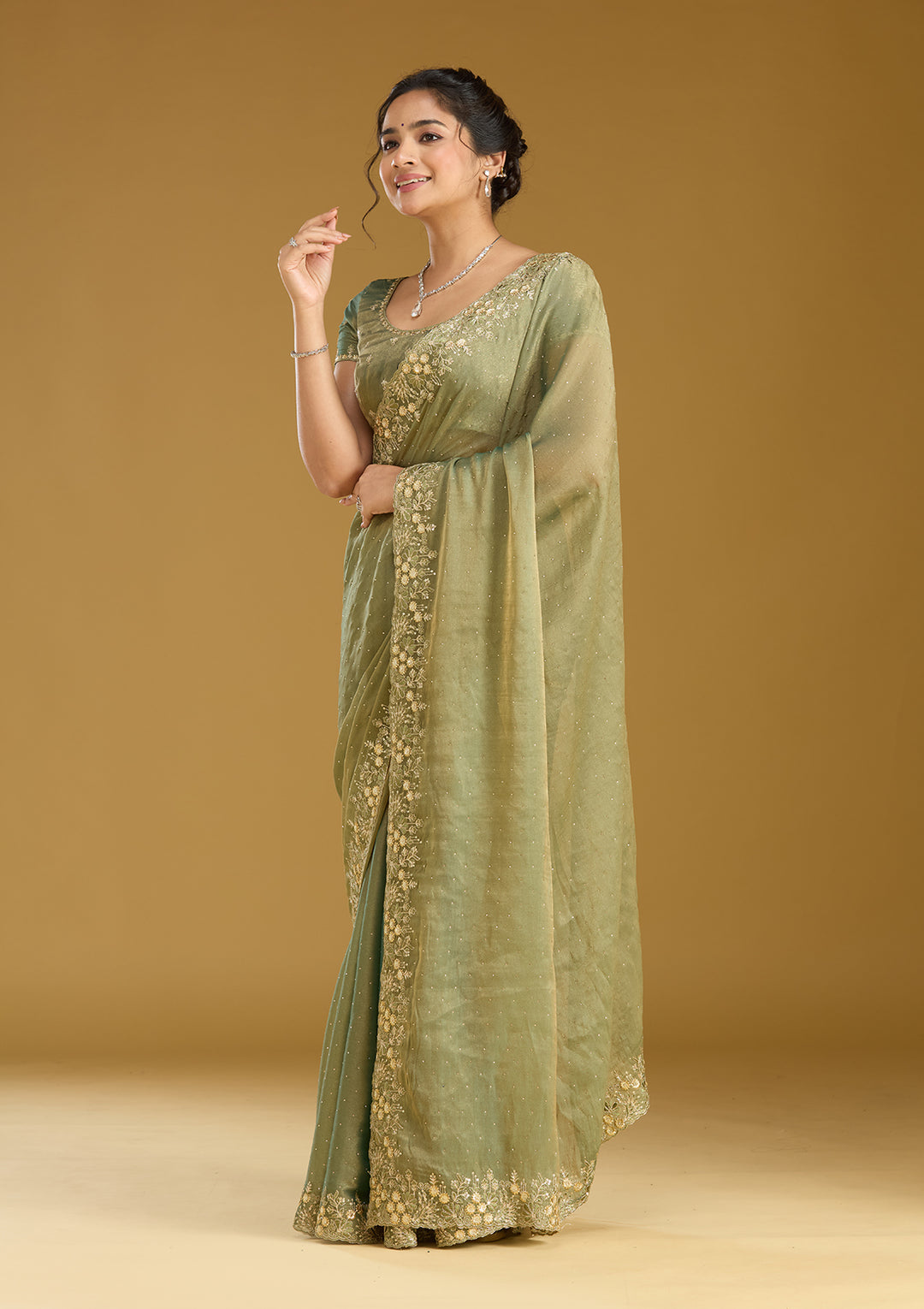 Mehandi Green Zariwork (Gold) Tissue Saree