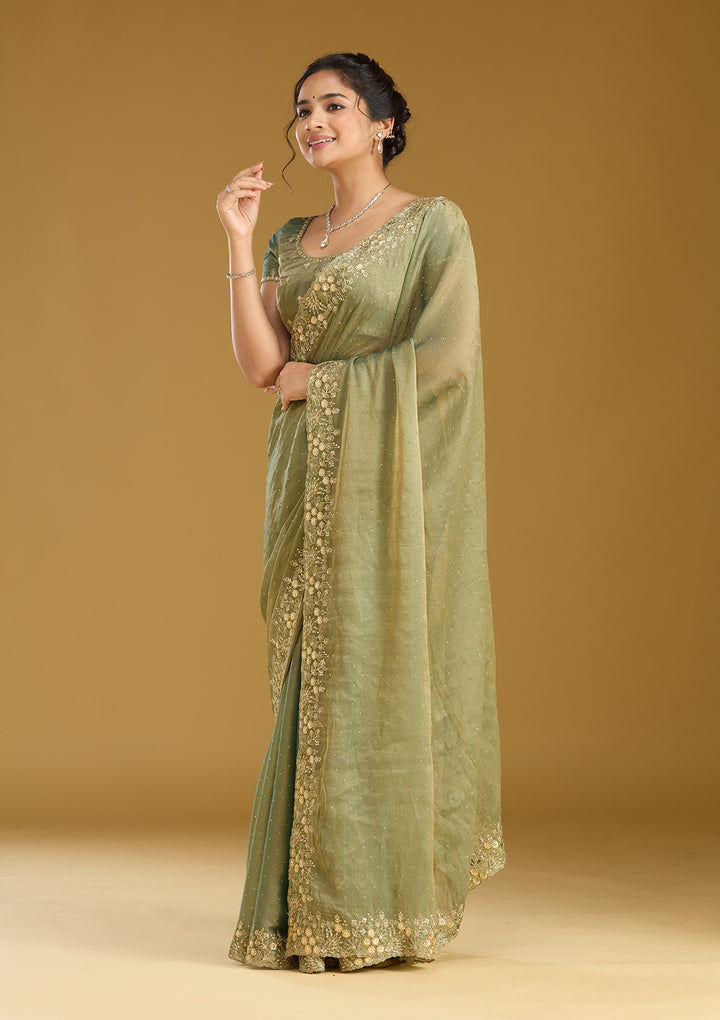 Mehandi Green Zariwork (Gold) Tissue Saree