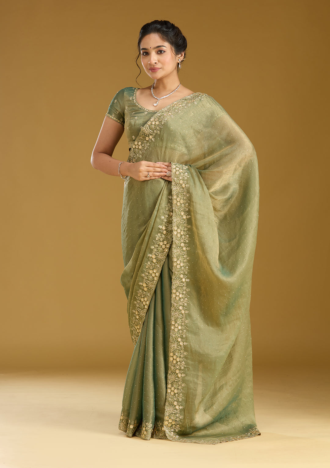 Mehandi Green Zariwork (Gold) Tissue Saree