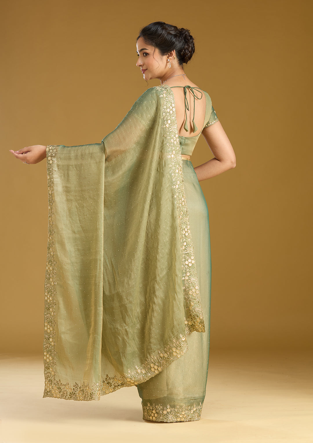 Mehandi Green Zariwork (Gold) Tissue Saree