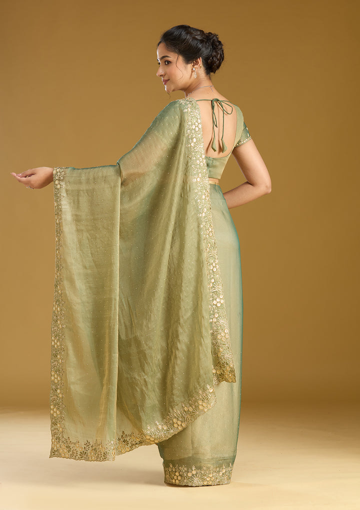 Mehandi Green Zariwork (Gold) Tissue Saree