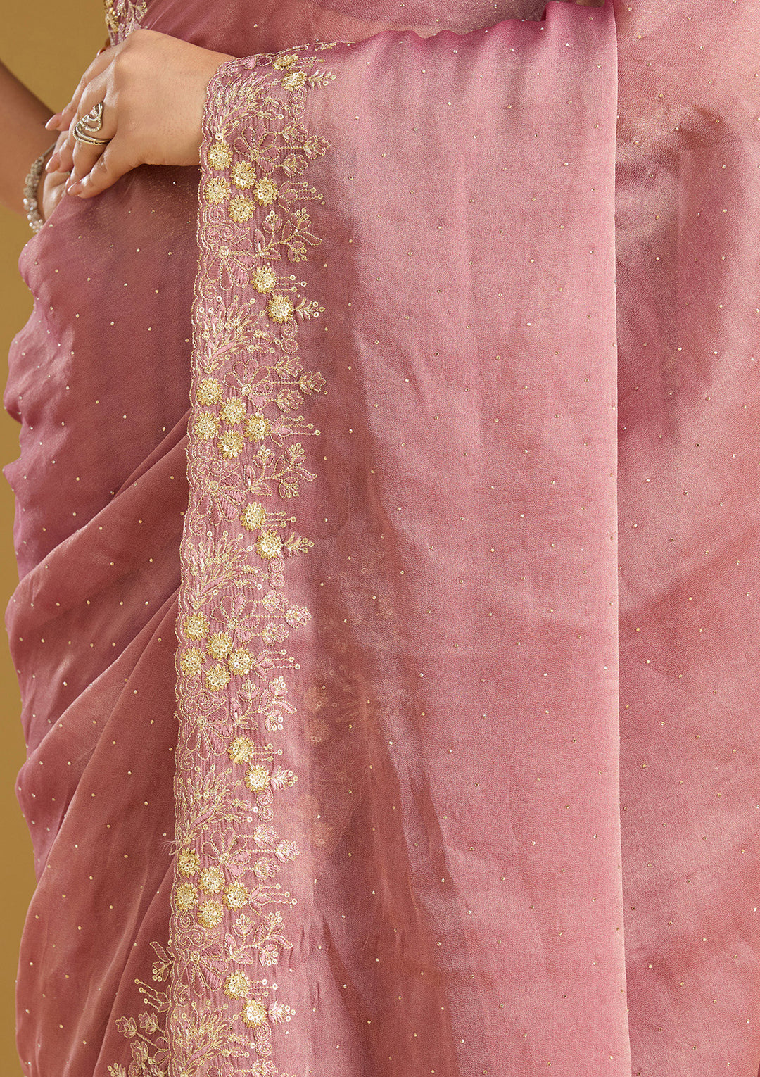 Onion Pink Zariwork (Gold) Tissue Saree