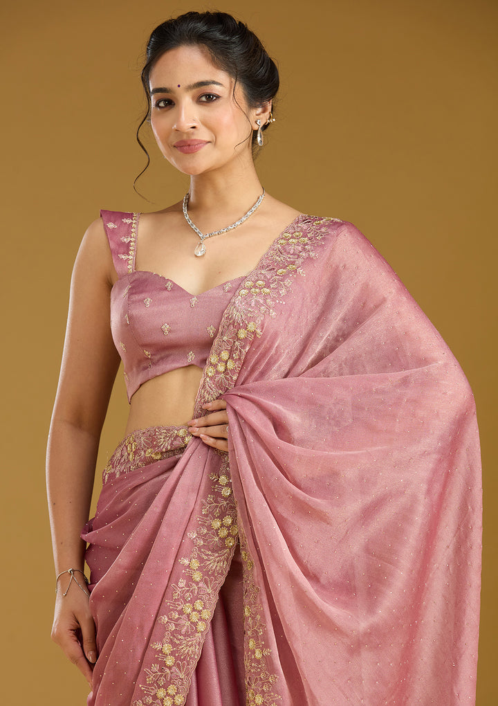Onion Pink Zariwork (Gold) Tissue Saree