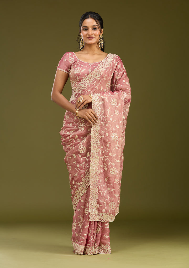 Onion Pink Zariwork (Silver) Tissue Saree