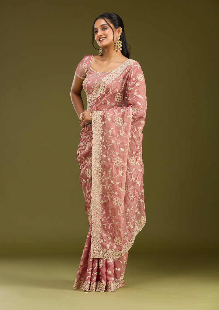 Onion Pink Zariwork (Silver) Tissue Saree