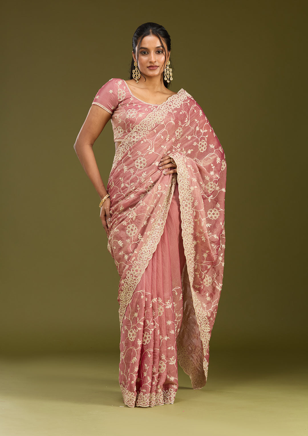 Onion Pink Zariwork (Silver) Tissue Saree