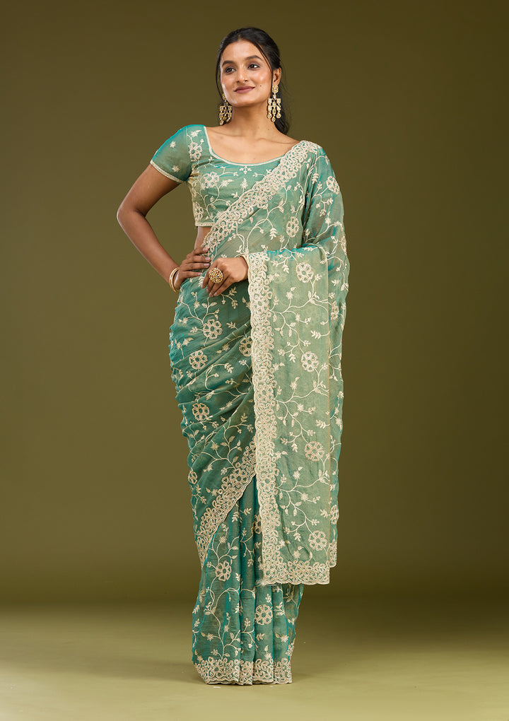 Rama Green Zariwork (Silver) Tissue Saree