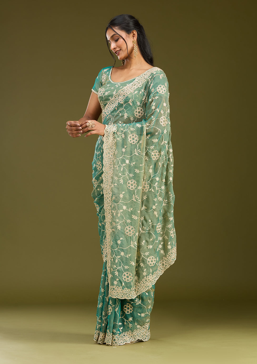Rama Green Zariwork (Silver) Tissue Saree
