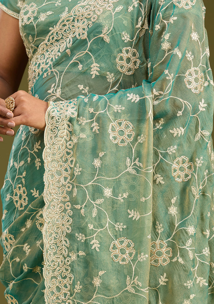 Rama Green Zariwork (Silver) Tissue Saree