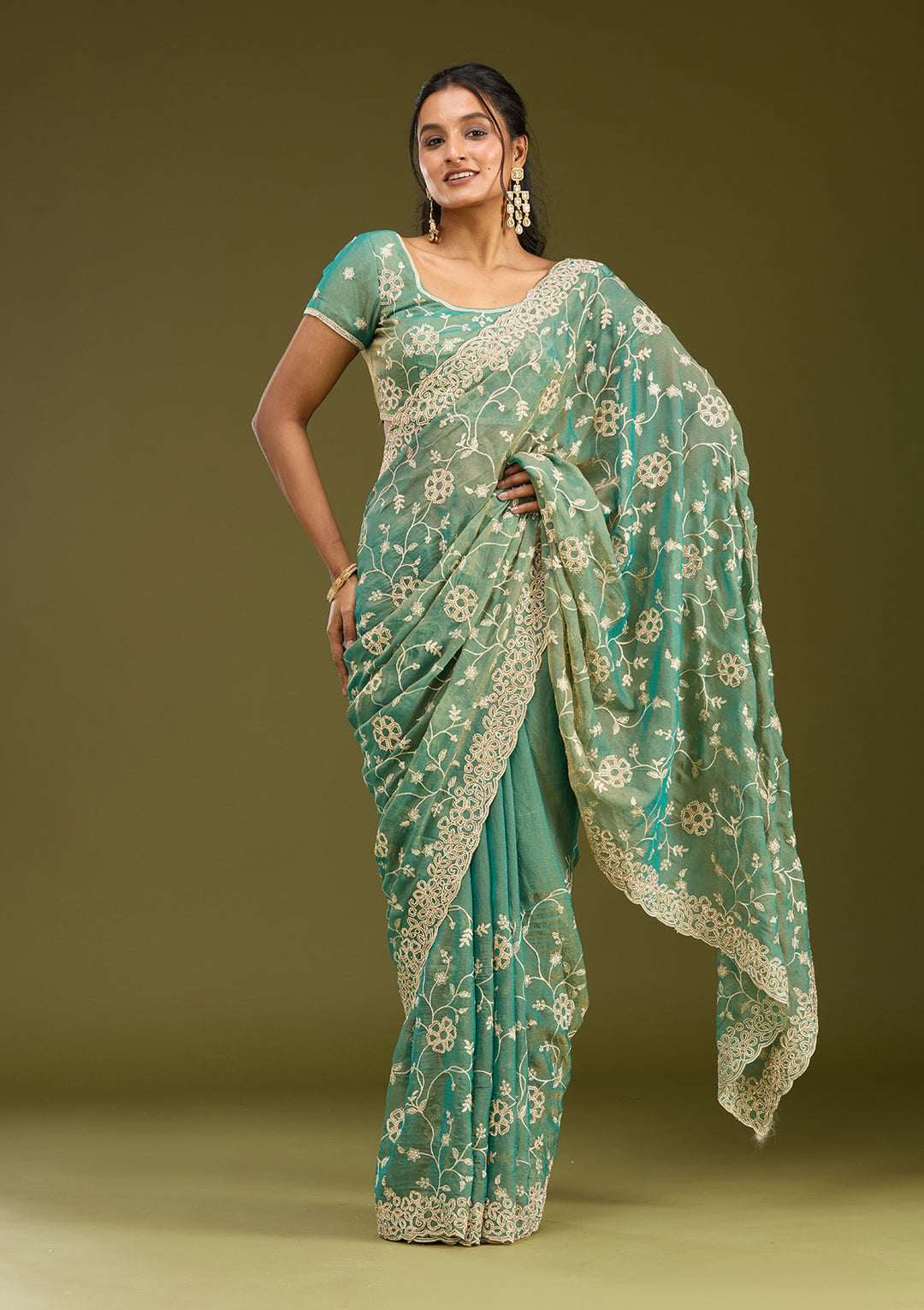 Rama Green Zariwork (Silver) Tissue Saree