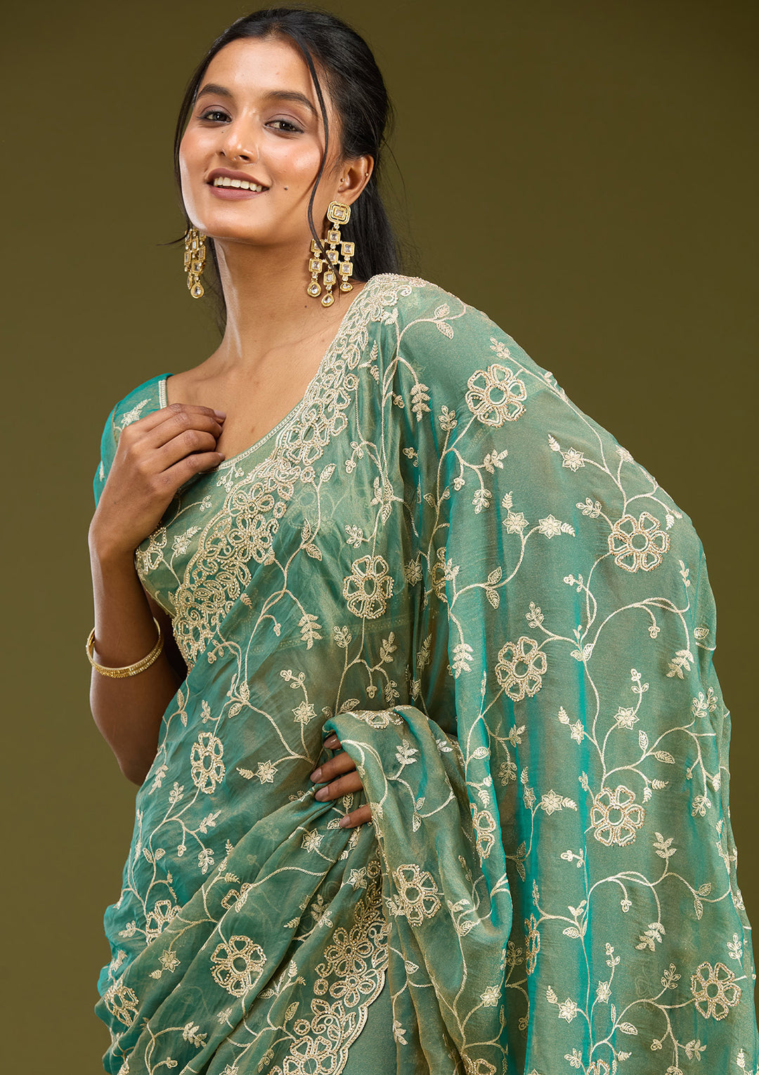 Rama Green Zariwork (Silver) Tissue Saree