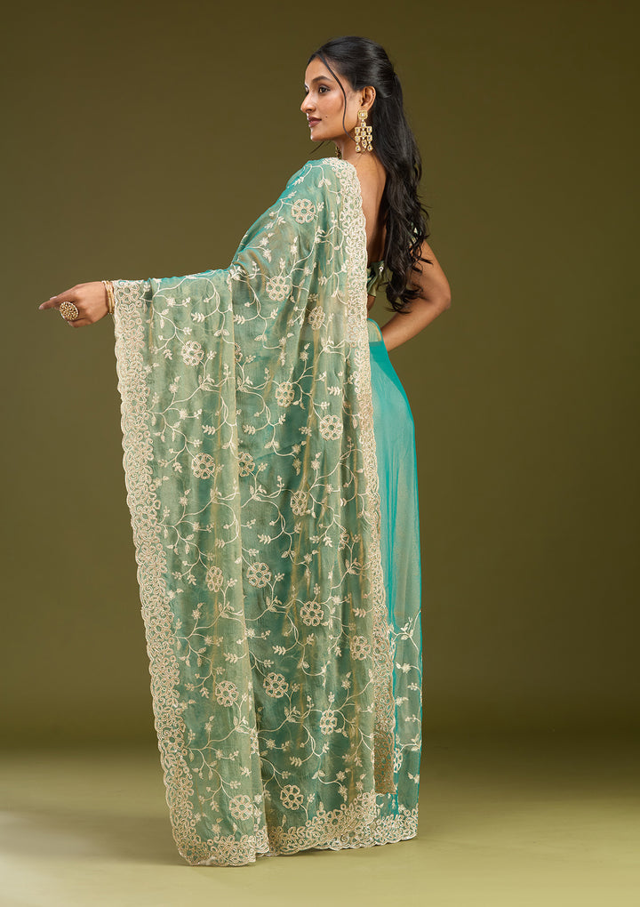 Rama Green Zariwork (Silver) Tissue Saree