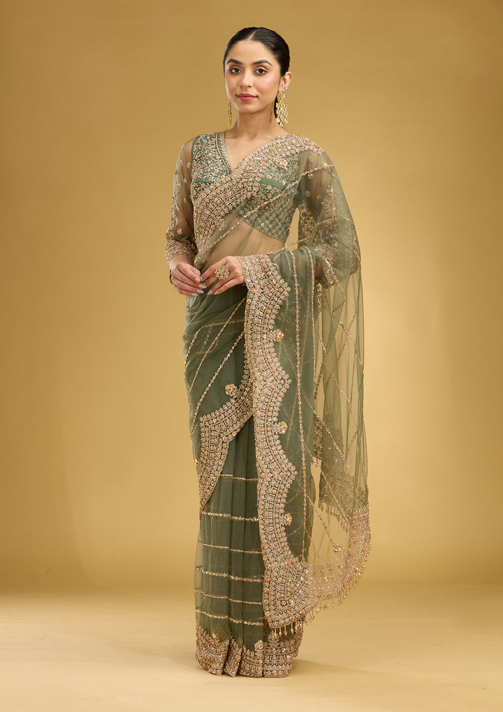 Mehendi Zariwork (Antique) Net Saree