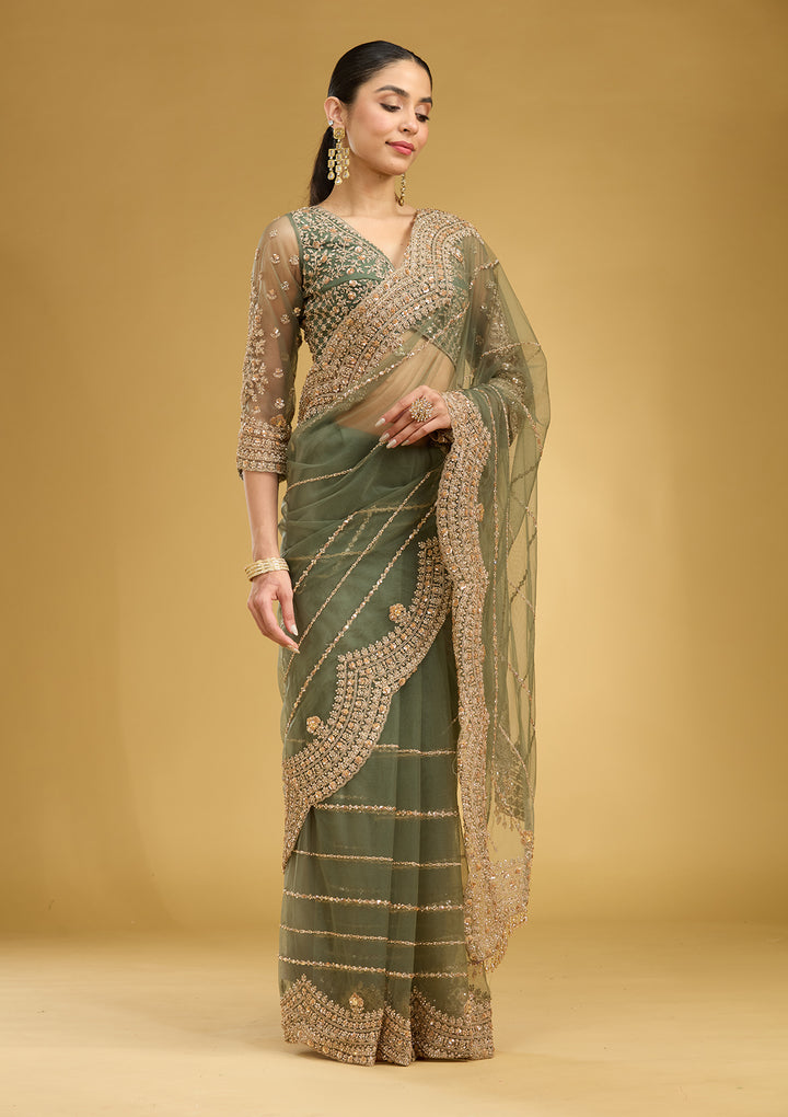 Mehendi Zariwork (Antique) Net Saree