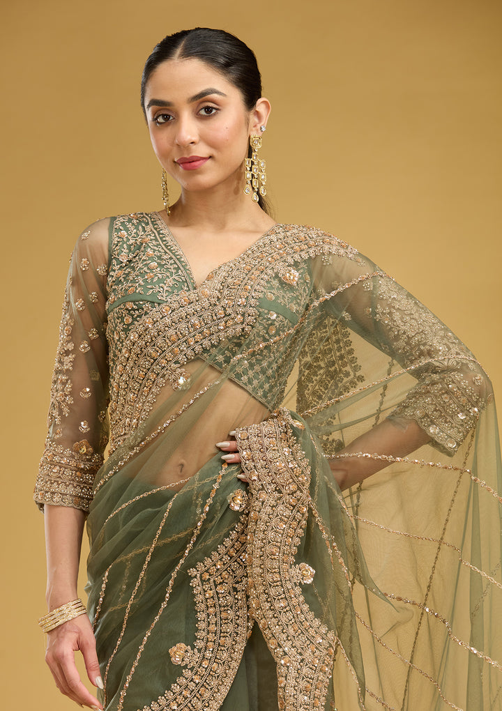 Mehendi Zariwork (Antique) Net Saree