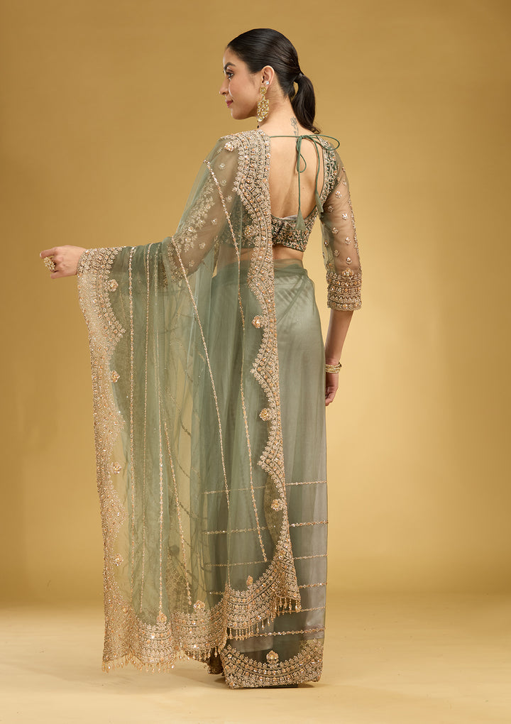 Mehendi Zariwork (Antique) Net Saree