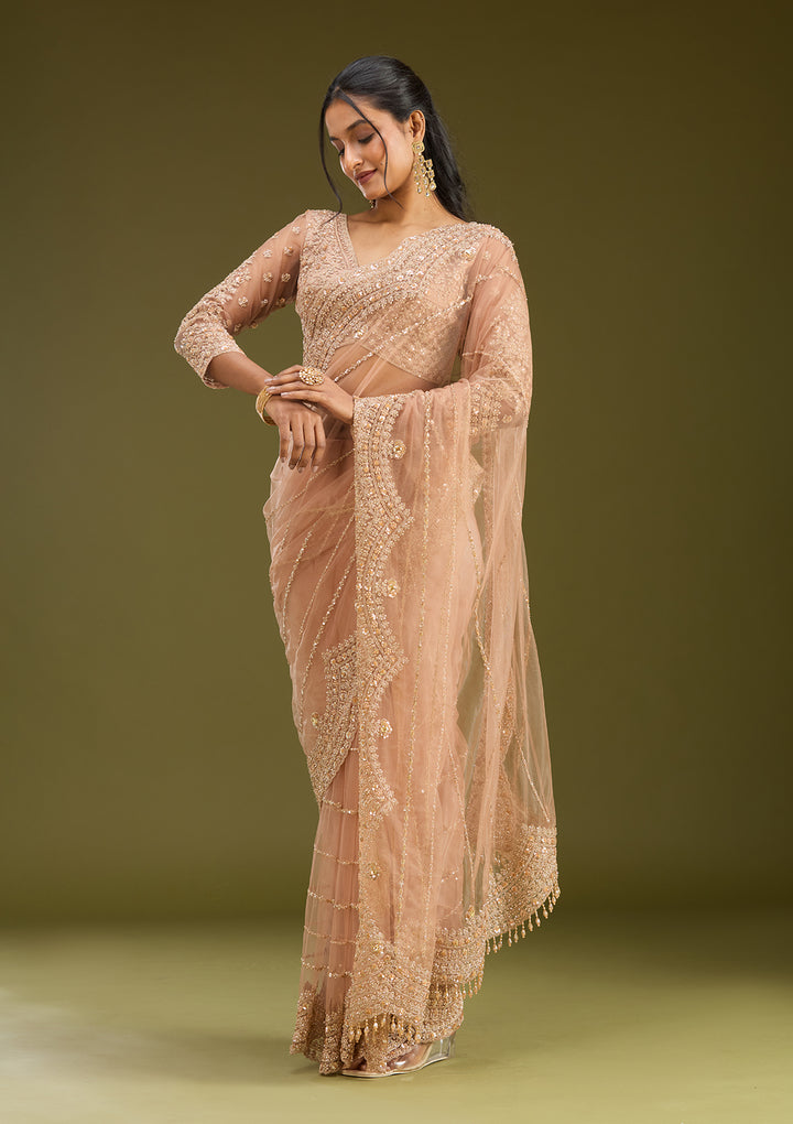 Peach Zariwork (Antique) Net Saree