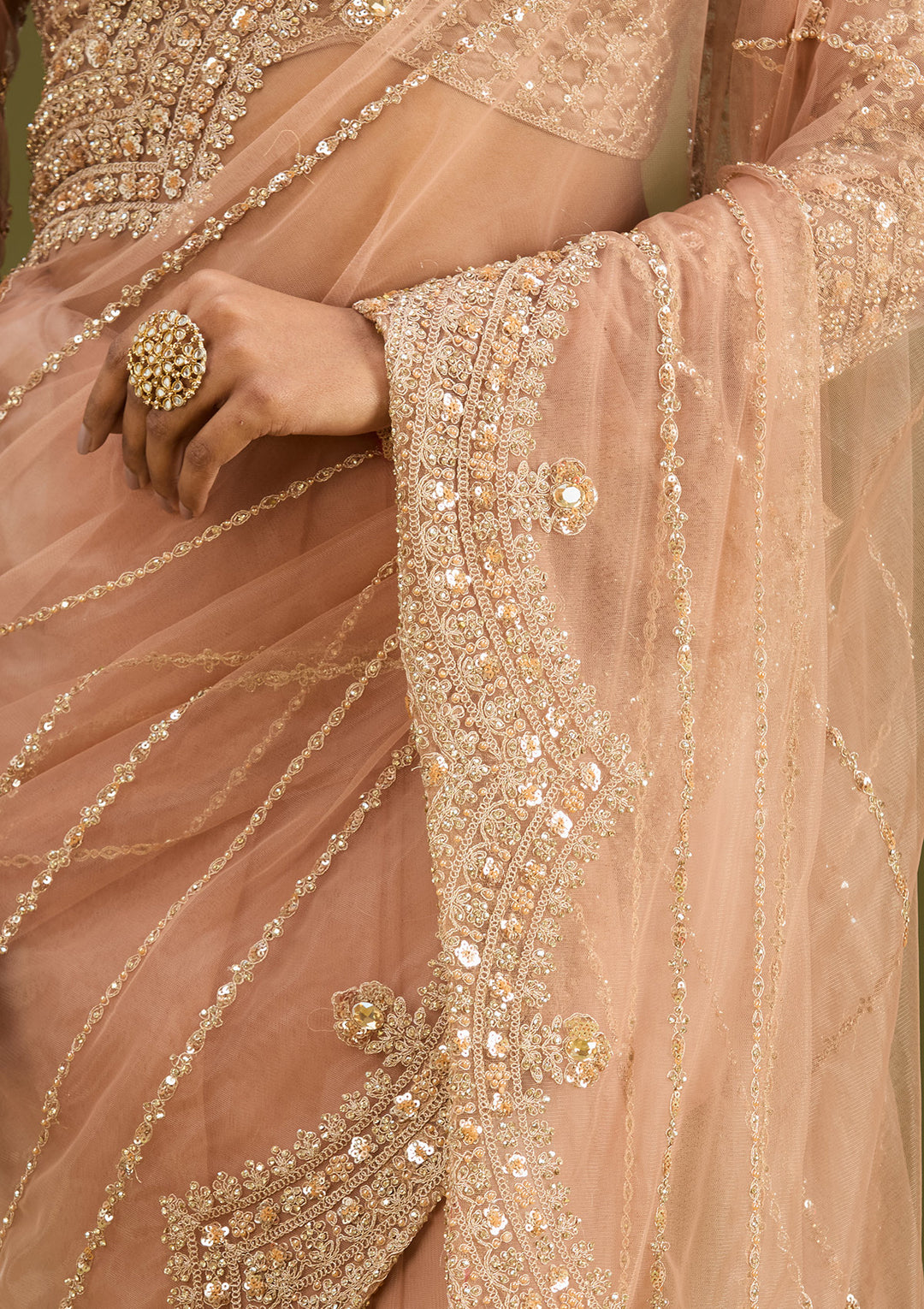 Peach Zariwork (Antique) Net Saree