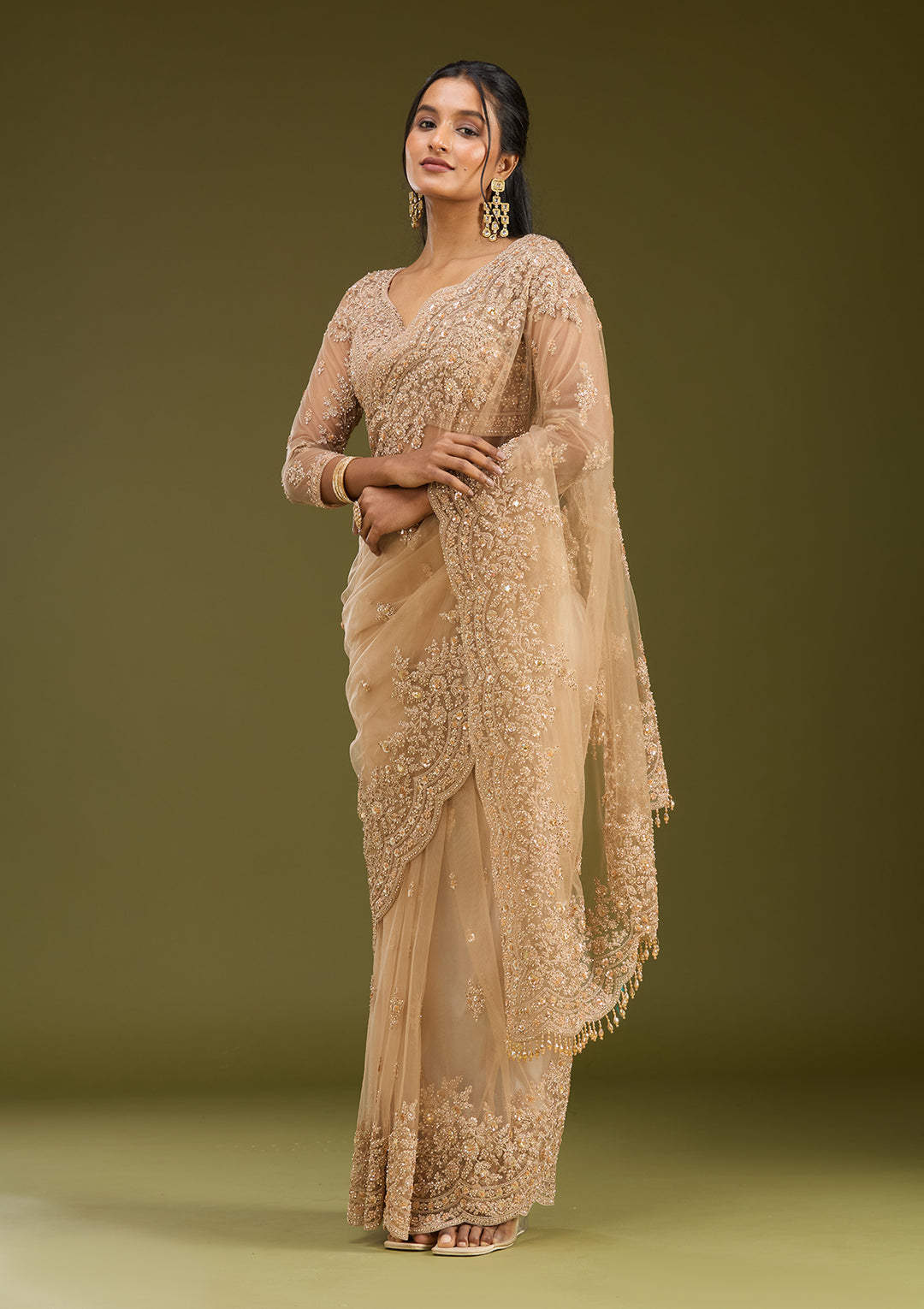 Beige Zariwork (Gold) Net Saree
