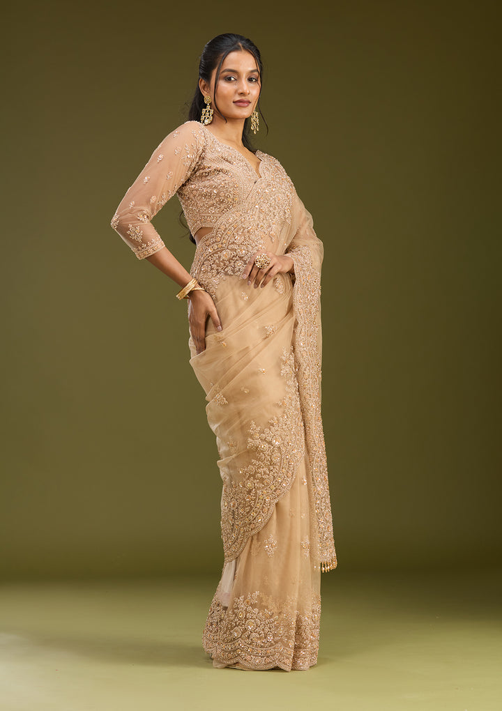 Beige Zariwork (Gold) Net Saree