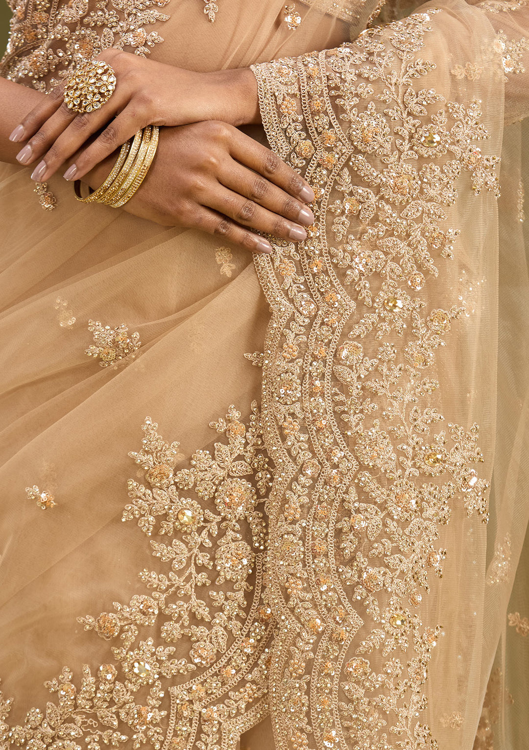 Beige Zariwork (Gold) Net Saree