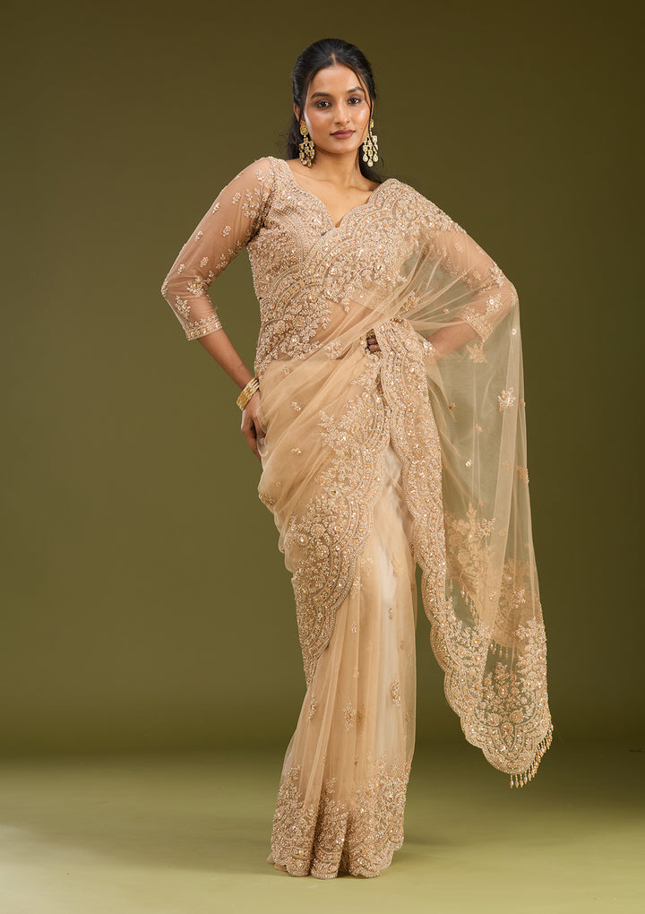 Beige Zariwork (Gold) Net Saree