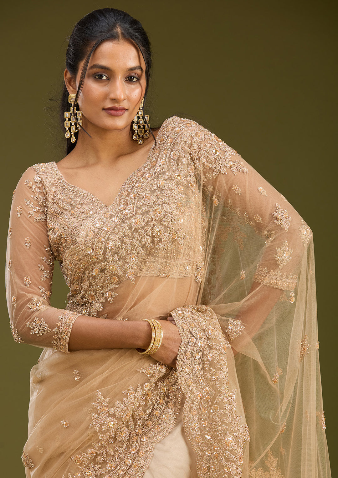 Beige Zariwork (Gold) Net Saree