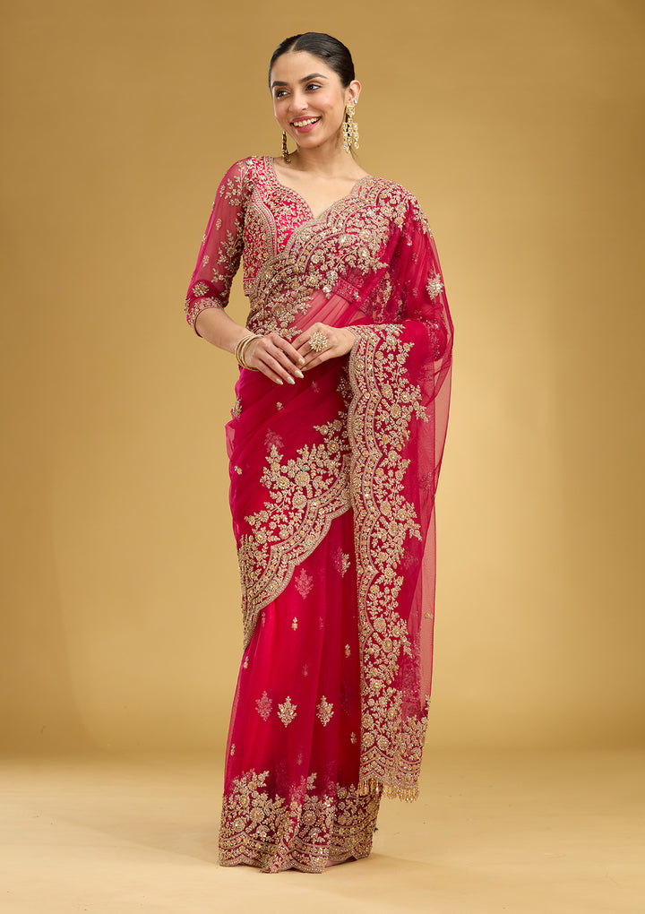 Rani Pink Zariwork (Gold) Net Saree