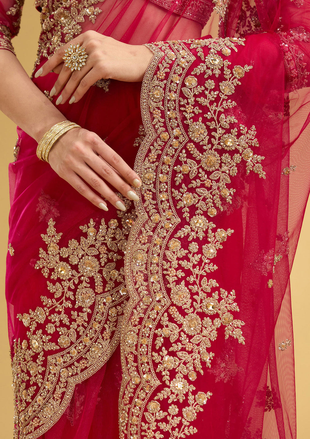 Rani Pink Zariwork (Gold) Net Saree