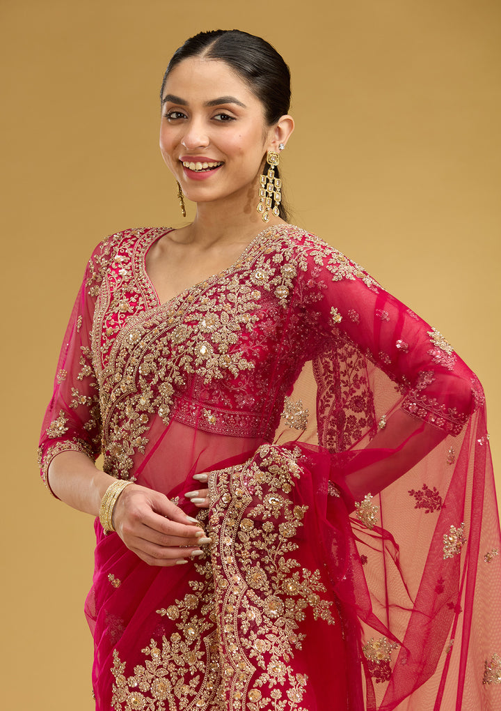 Rani Pink Zariwork (Gold) Net Saree