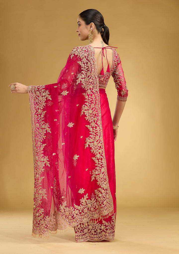 Rani Pink Zariwork (Gold) Net Saree