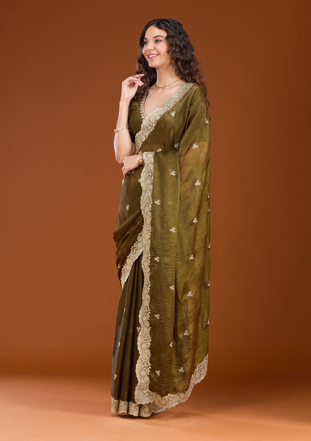 Mehendi Zariwork (Gold) Tissue Saree