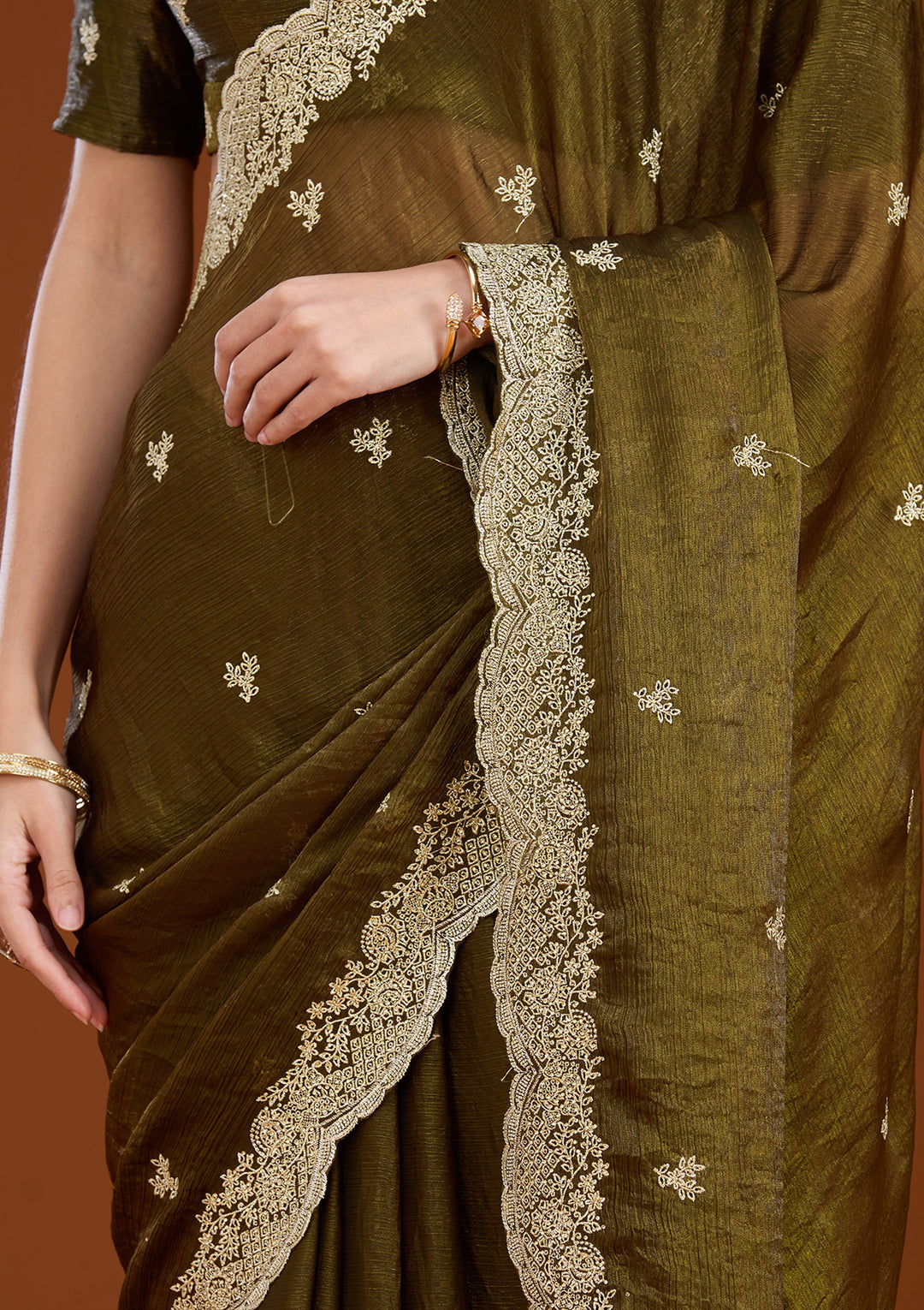 Mehendi Zariwork (Gold) Tissue Saree