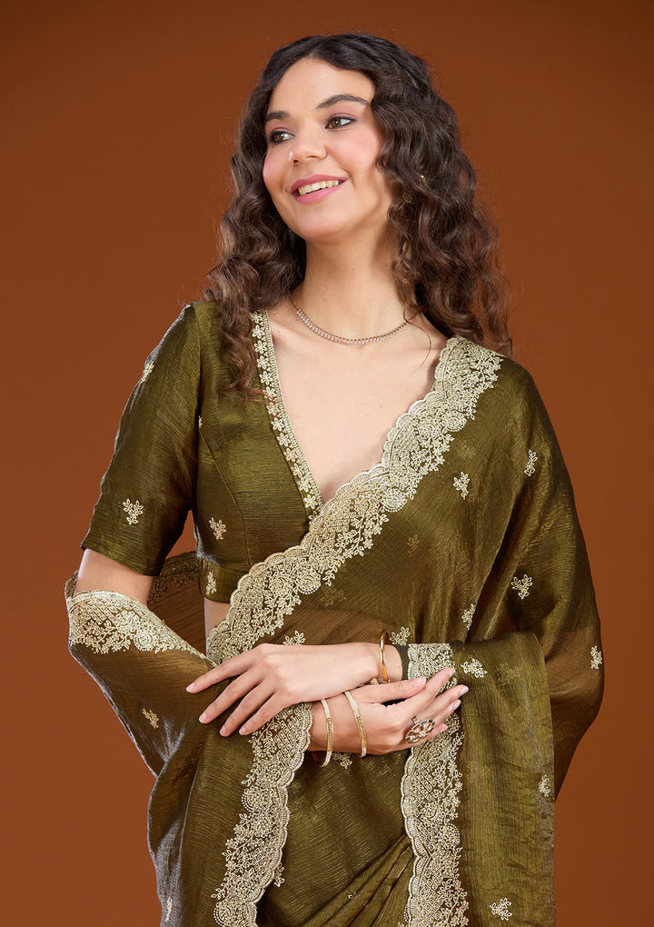 Mehendi Zariwork (Gold) Tissue Saree
