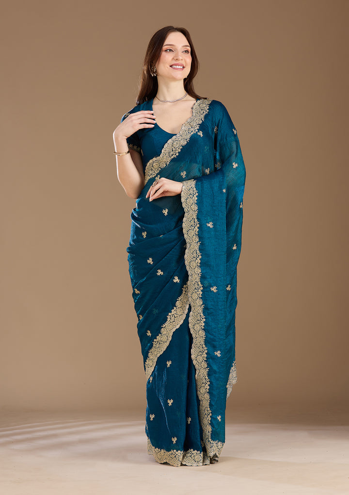 Peacock Blue Zariwork (Gold) Tissue Saree