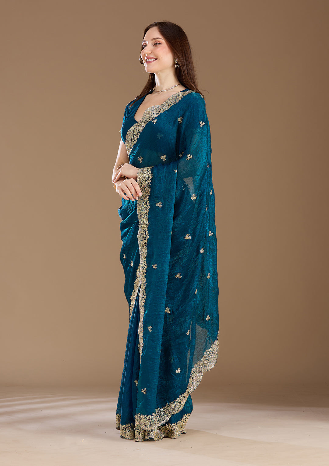 Peacock Blue Zariwork (Gold) Tissue Saree