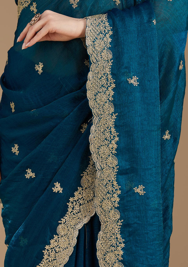 Peacock Blue Zariwork (Gold) Tissue Saree