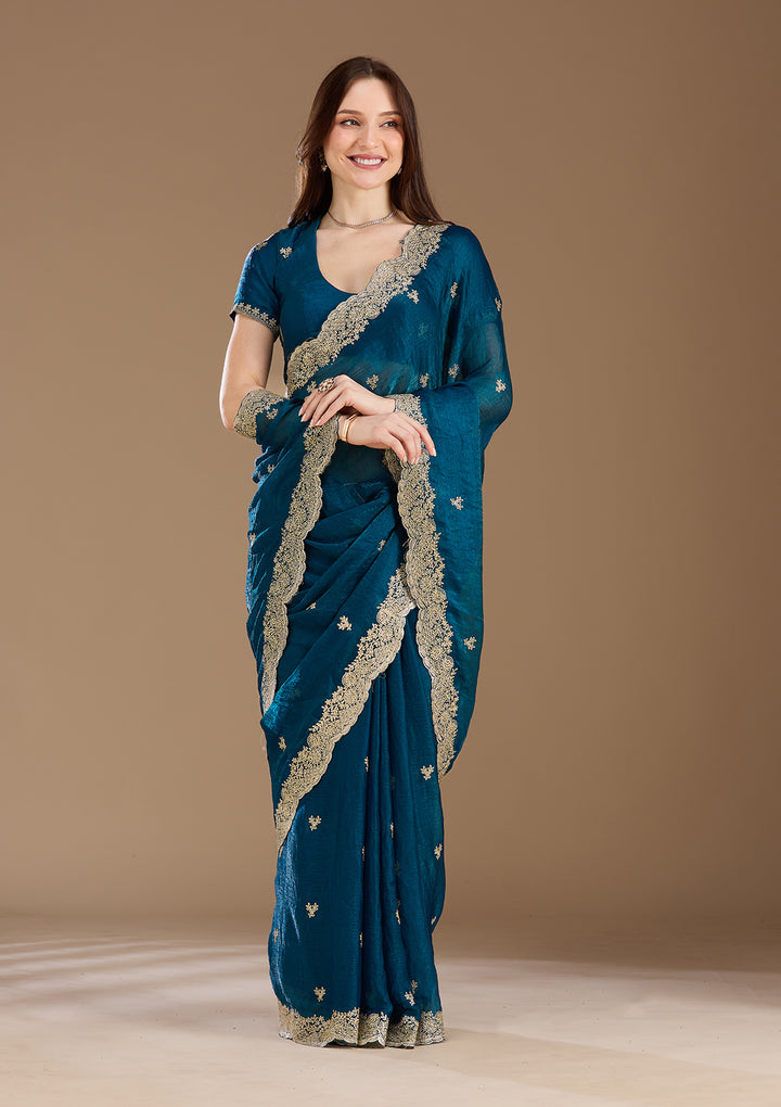 Peacock Blue Zariwork (Gold) Tissue Saree
