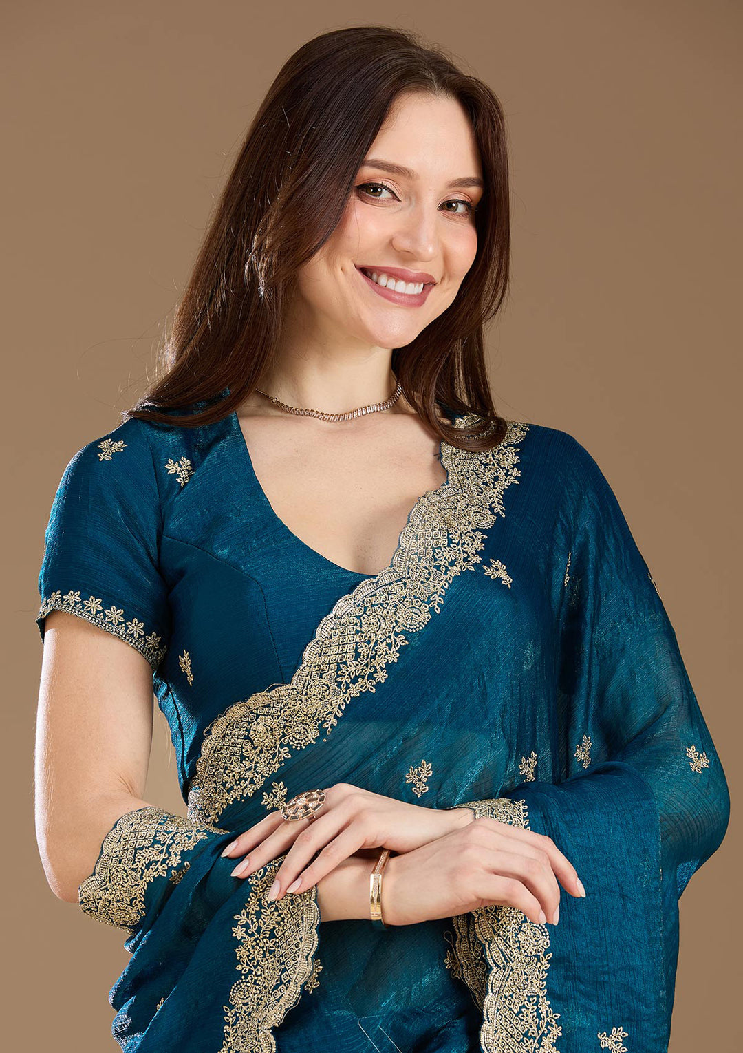Peacock Blue Zariwork (Gold) Tissue Saree