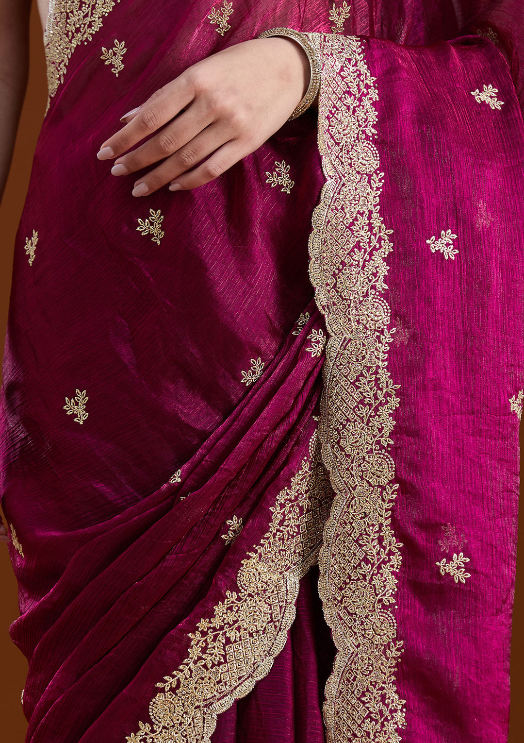Wine Zariwork (Gold) Tissue Saree