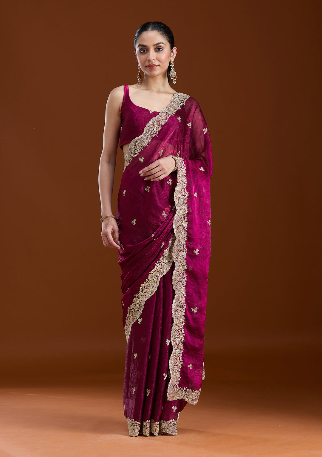 Wine Zariwork (Gold) Tissue Saree