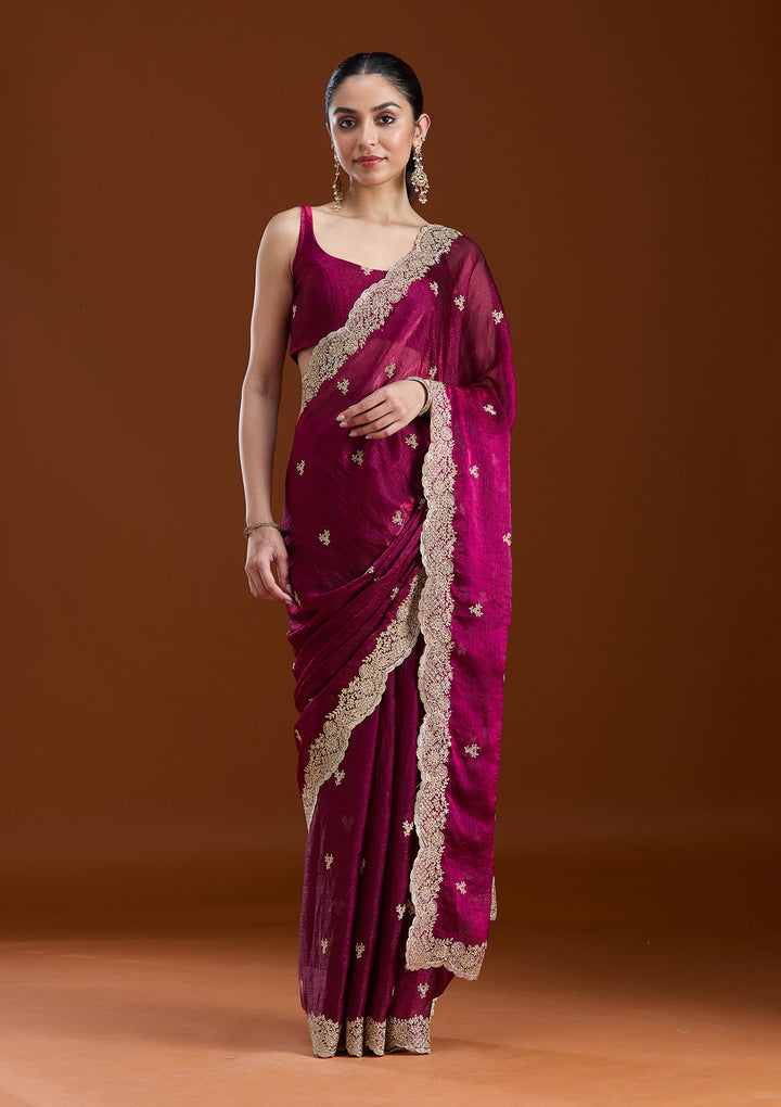Wine Zariwork (Gold) Tissue Saree