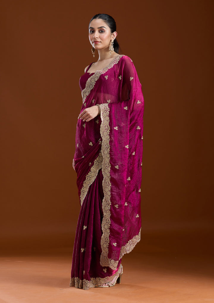 Wine Zariwork (Gold) Tissue Saree