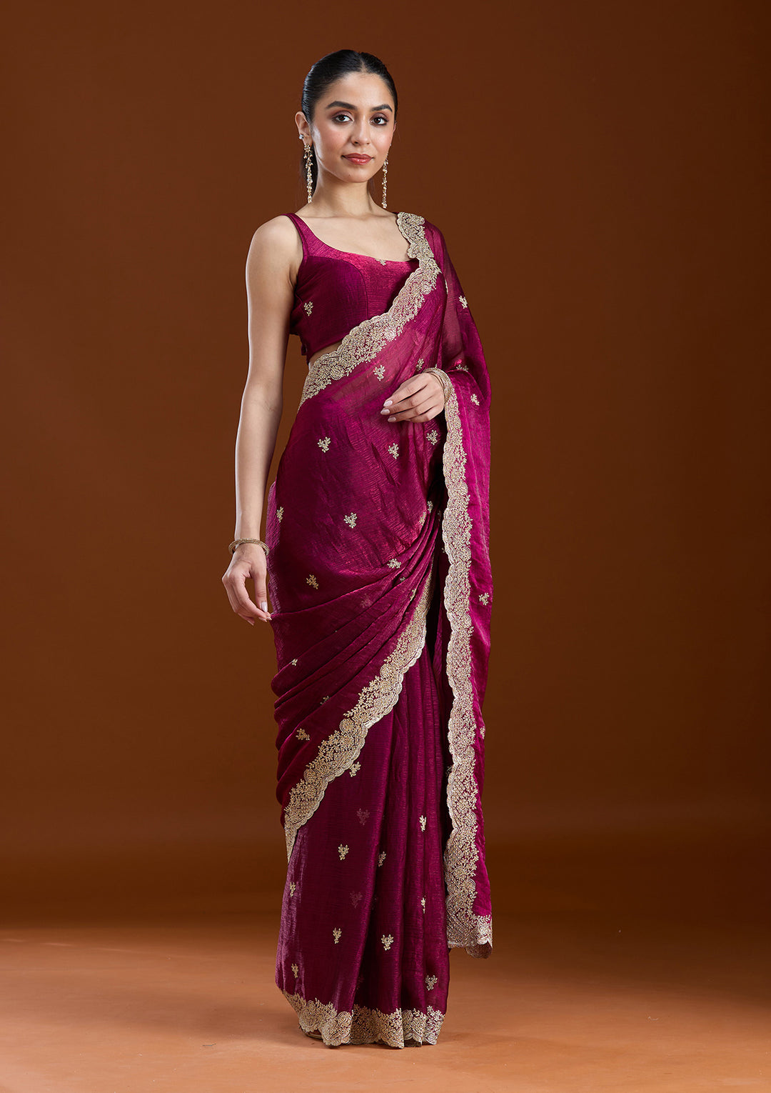 Wine Zariwork (Gold) Tissue Saree