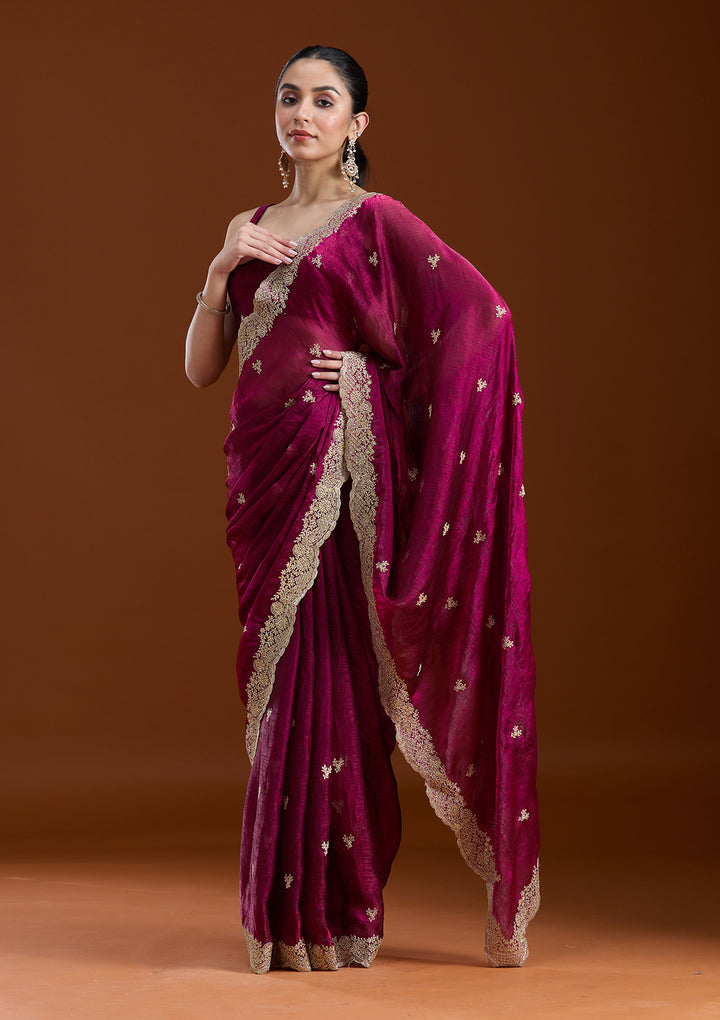 Wine Zariwork (Gold) Tissue Saree