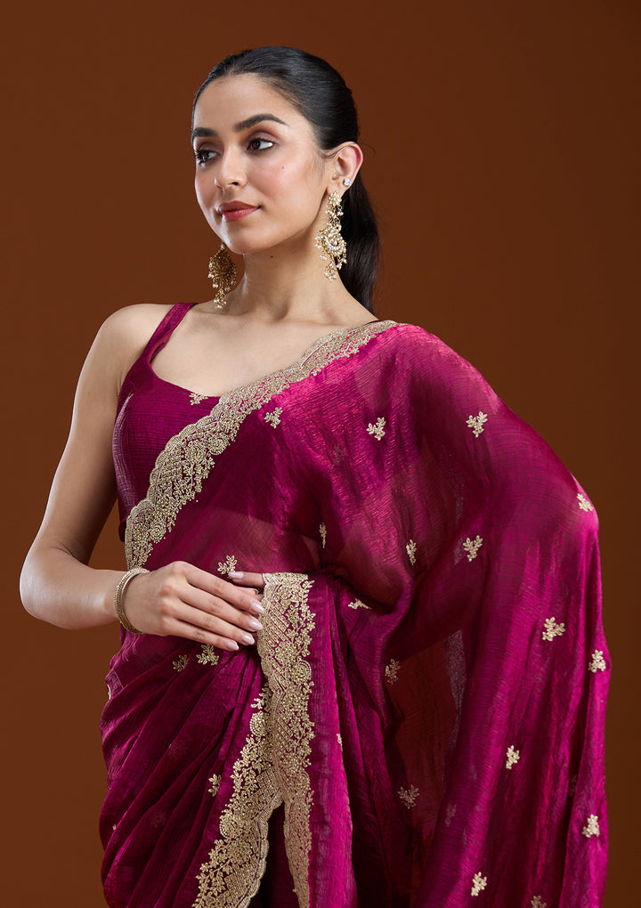 Wine Zariwork (Gold) Tissue Saree