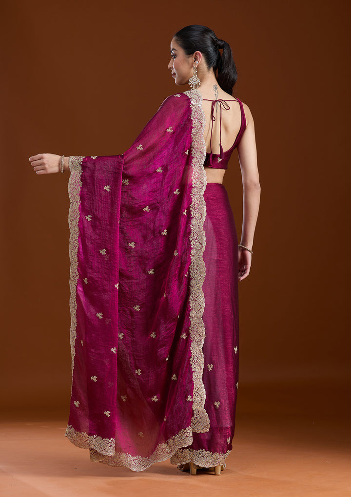Wine Zariwork (Gold) Tissue Saree