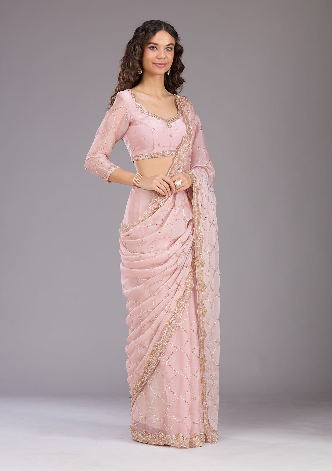 Pink Sequins Tissue Saree
